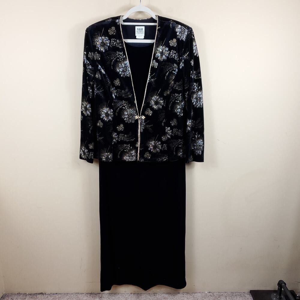 R&M Richards Black Velvet Sleeveless Dress with Printed Jacket Size 16